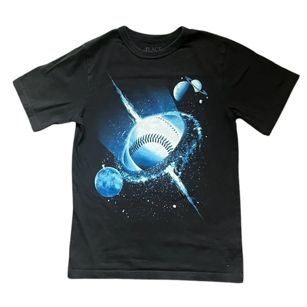 PLACE Kids Black and Blue Graphic T-Shirt Boys S (5-6) space themed short sleeve